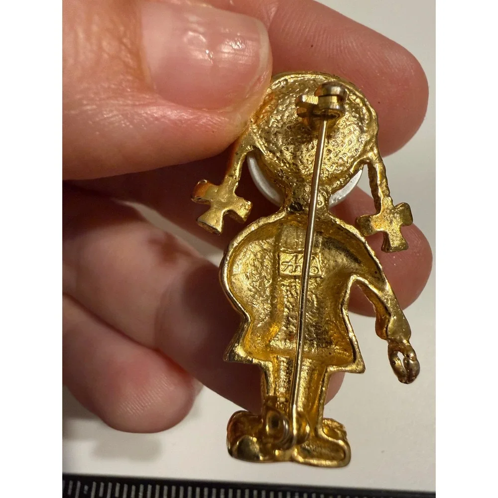 Vintage Gold‎ Tone School Girl Brooch with Faux Pearl Face and Pigtails Signed